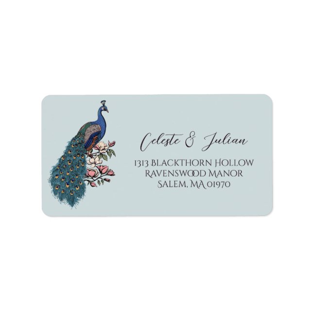 Floral Peacock Blue Return Address Label (Front)