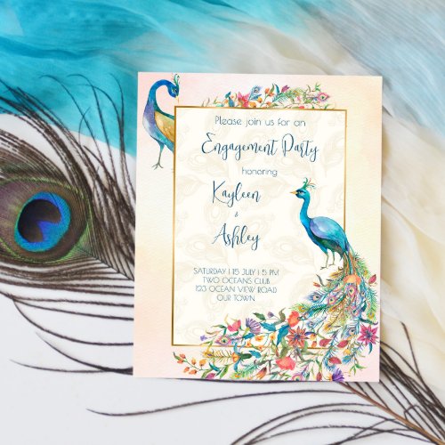 Floral Peacock engagement party budget invitation