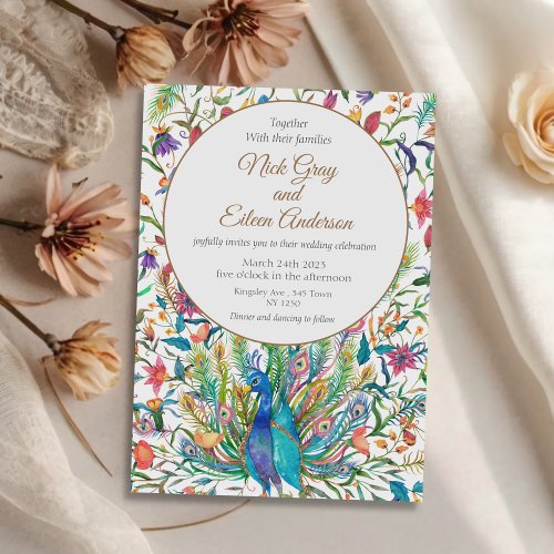 Floral Peacock  Feather Wedding Invitation