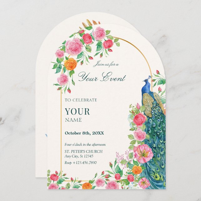 Floral peacock  invitation (Front/Back)