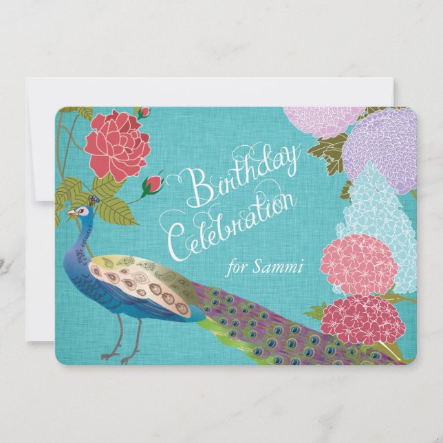 Floral Peacock on Blue Linen Birthday Invite (Front)