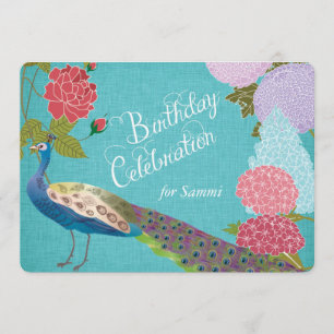 Floral Peacock on Blue Linen Birthday Invite