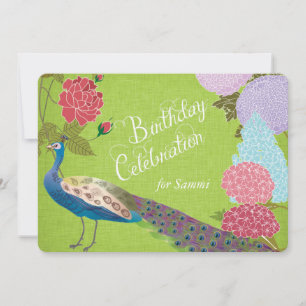 Floral Peacock on Green Linen Birthday Invite
