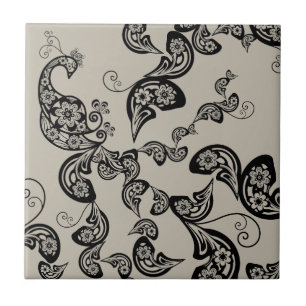 Floral Peacock Pattern Black Custom Gift Tile