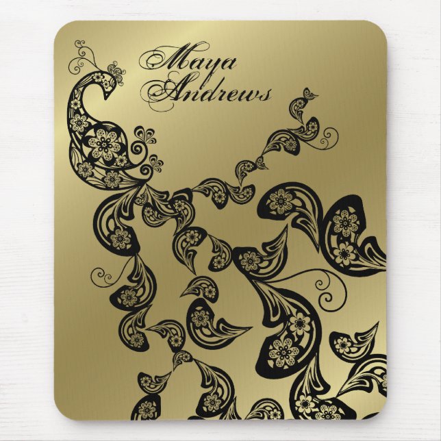 Floral Peacock Pattern Gold Custom Gift Mousepad (Front)