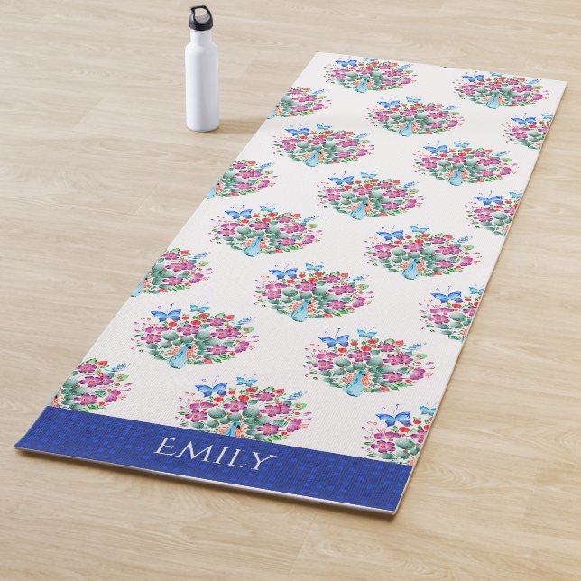 Floral Peacock Pattern Personalized Yoga Mat (In Situ)