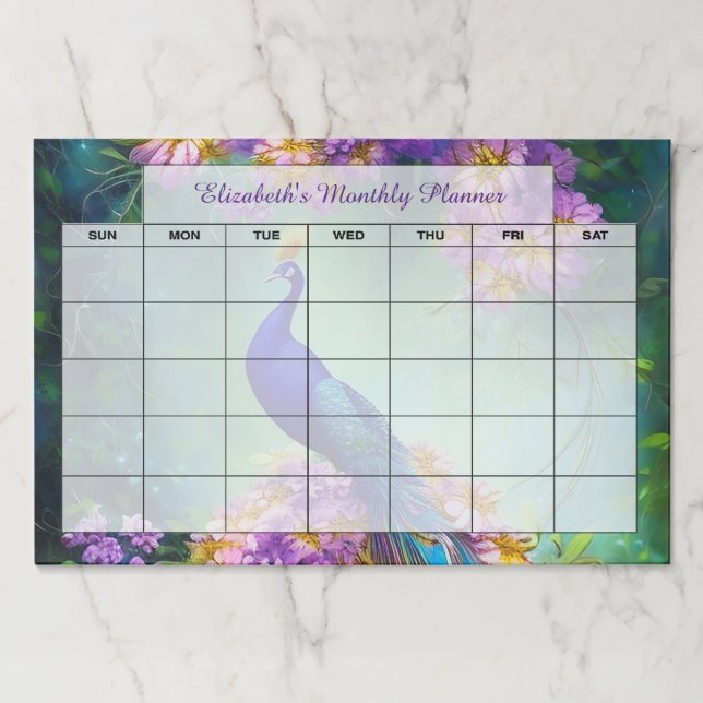 Floral peacock personalized month planner paper pad (Front)