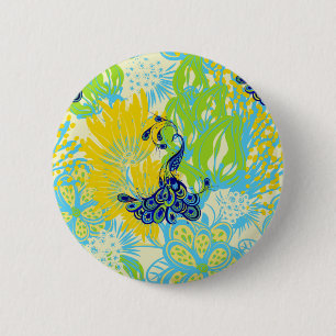 floral peacock pinback button