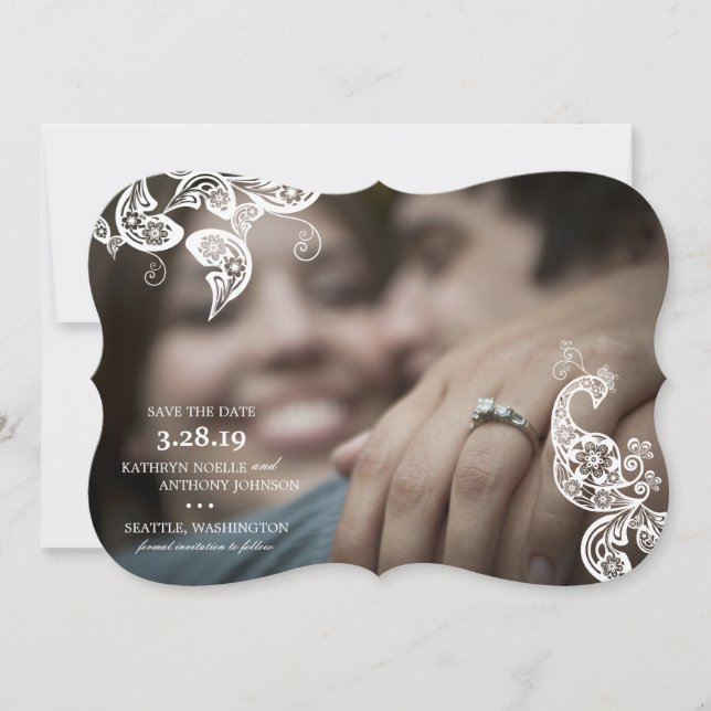 Floral Peacock White Save The Date Announcement (Front)