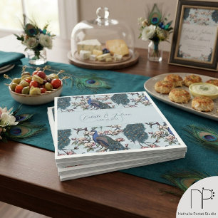 Floral Peacocks & Magnolia Chinoiserie Blue Napkins