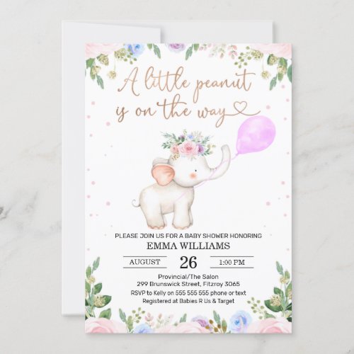 Floral Peanut Elephant Baby Shower Invitation - Floral Peanut Elephant Baby Shower Invitation

This sweet, pink, purple and blue floral baby shower invitation features a cute watercolor elephant.  The design also features a pink balloon and dots as well as a rose gold heart calligraphy heading. 