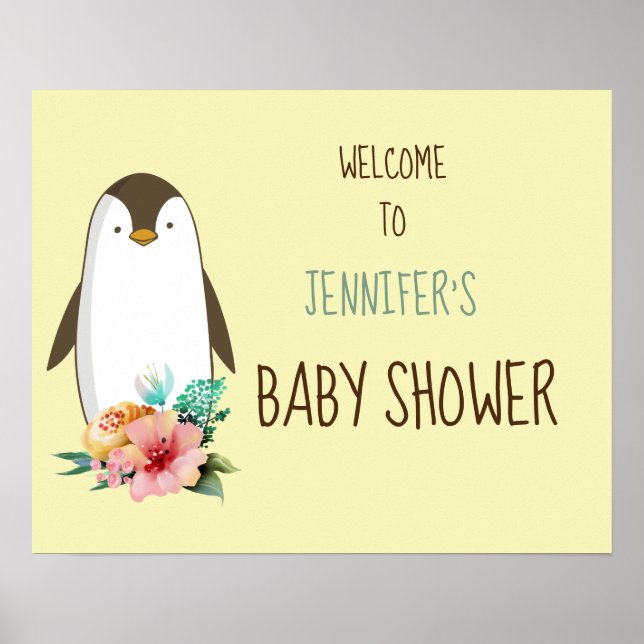 Floral Penguin Customizable Baby Shower Sign (Front)