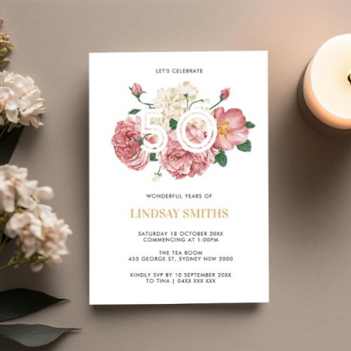 Floral Peonies and Roses 50th birthday invitation