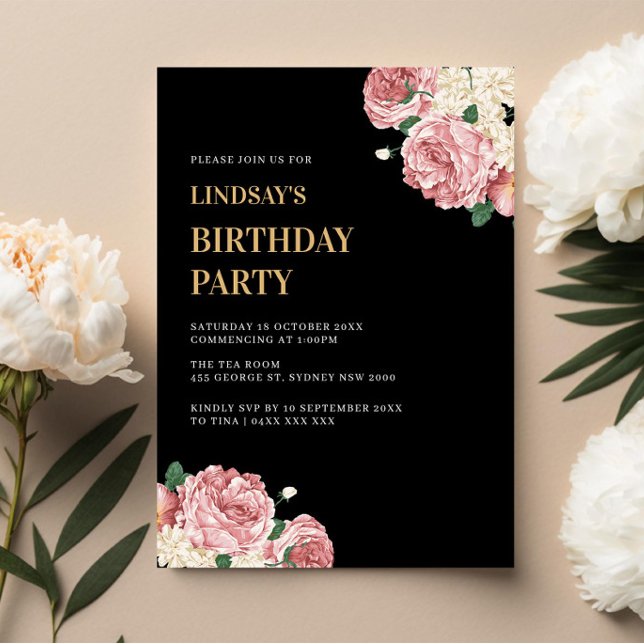 Floral Peonies and Roses on Black Birthday Party Invitation (Creator Uploaded)