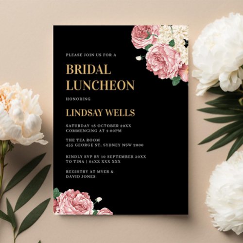 Floral Peonies and Roses on Black Bridal Luncheon Invitation