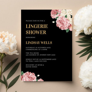 Floral Peonies and Roses on Black Lingerie Shower Invitation