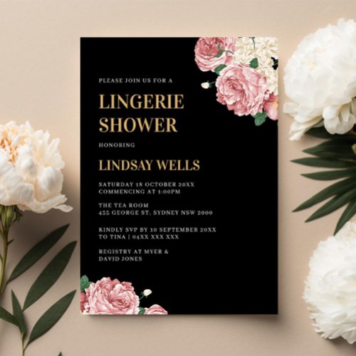 Floral Peonies and Roses on Black Lingerie Shower Invitation