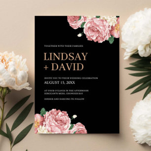 Floral Peonies and Roses on Black Wedding Invitation