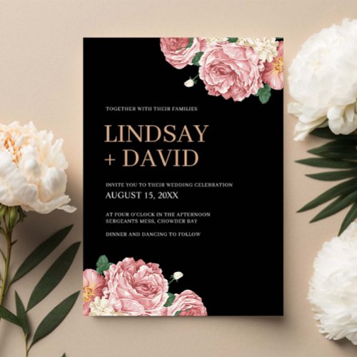 Floral Peonies and Roses on Black Wedding Invitation