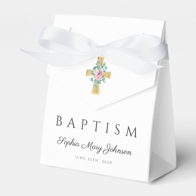 Floral Peonies Cross Baptism  Favor Boxes (Front Side)