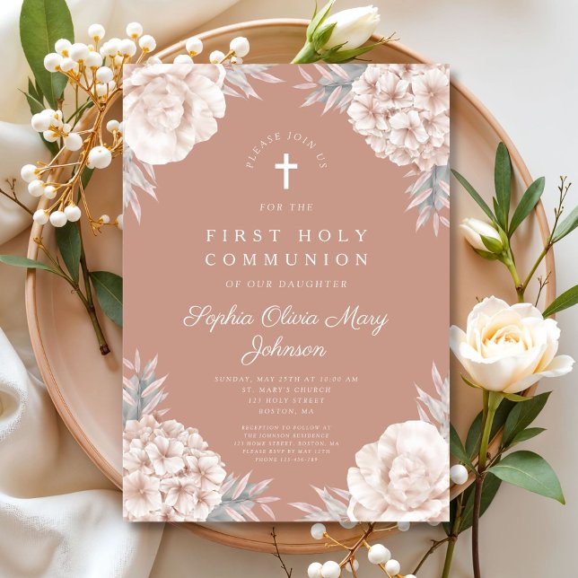 Floral Peonies Cross Religious Holy Communion Invitation (Creator Uploaded)