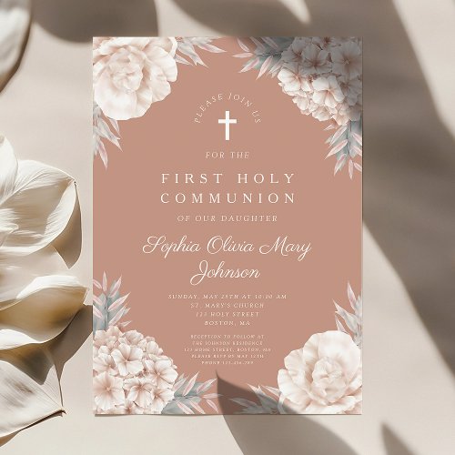 Floral Peonies Cross Religious Holy Communion Invitation