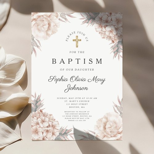 Floral Peonies Gold Cross Girl Religious Baptism Invitation