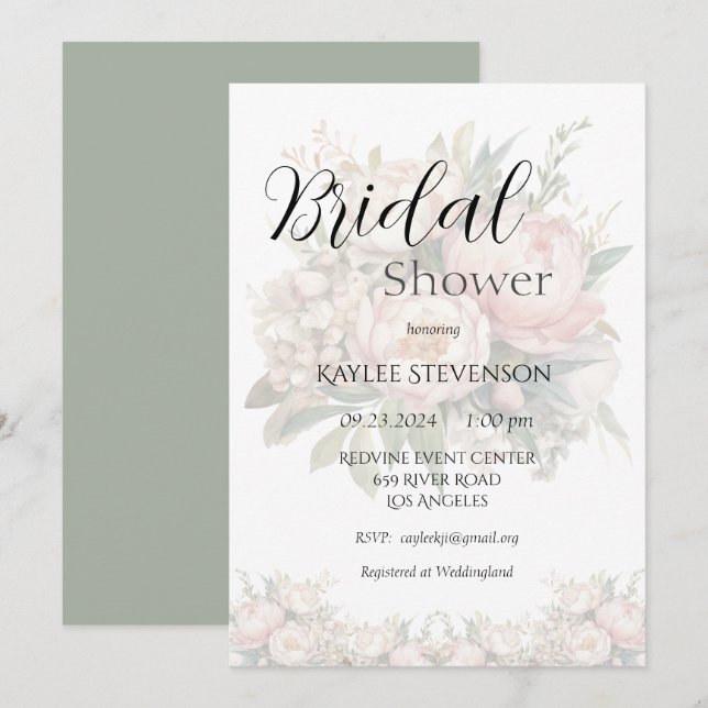Floral Peonies Green Bridal Shower Invitation (Front/Back)