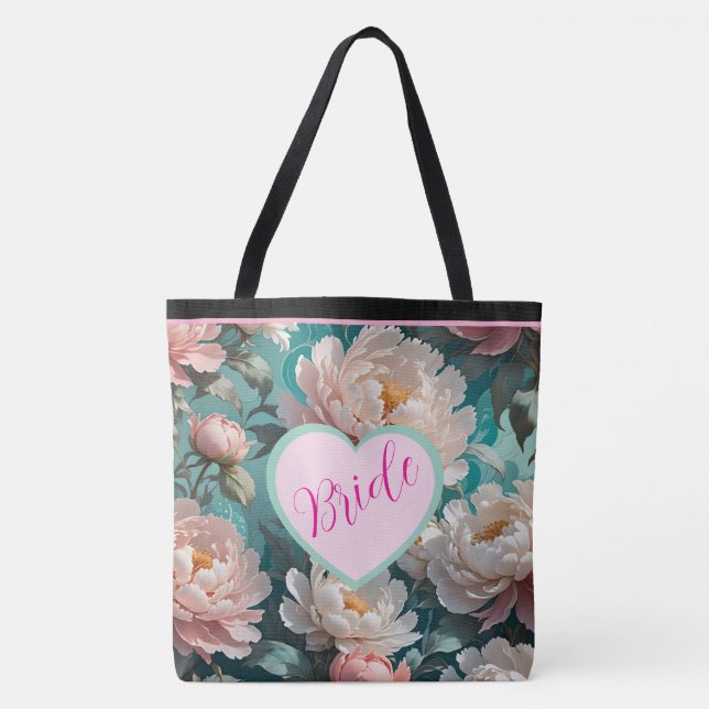 Floral Peonies multi Print Bride Tote Bag (Front)