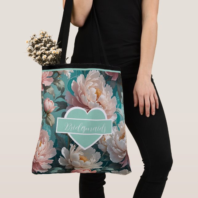 Floral Peonies multi Print Bridesmaids Tote Bag (Close Up)