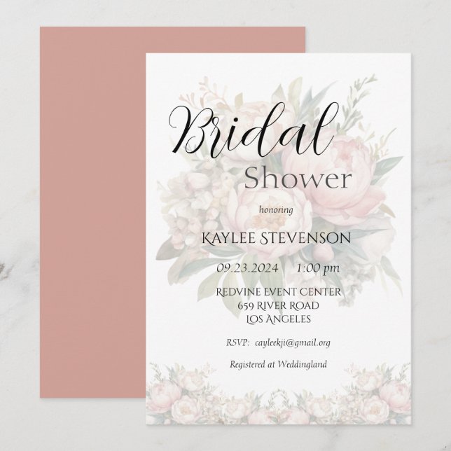 Floral Peonies Pink Bridal Shower Invitation (Front/Back)