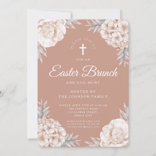 Floral Peonies Religious Cross Easter Brunch Invitation