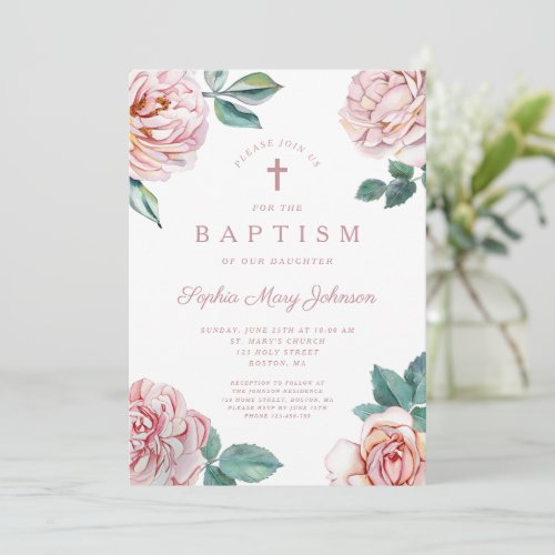 Floral Peonies Religious Cross Girl Baptism Invitation
