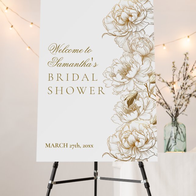 Floral Peonies White Golden Elegant Bridal Shower Foam Board (In Situ (Stand))