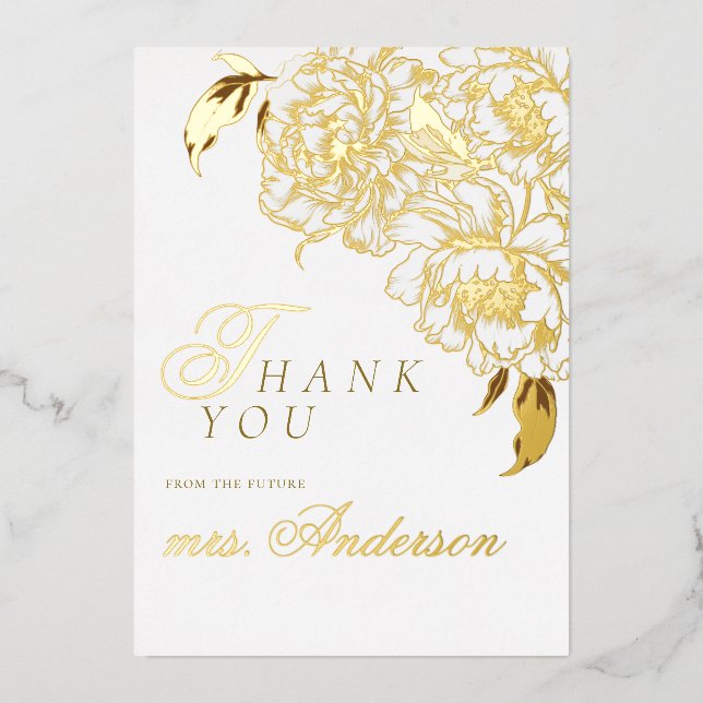 Floral Peonies White Golden Elegant Bridal Shower Foil Invitation (Front)