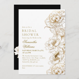 Floral Peonies White Golden Elegant Bridal Shower Invitation