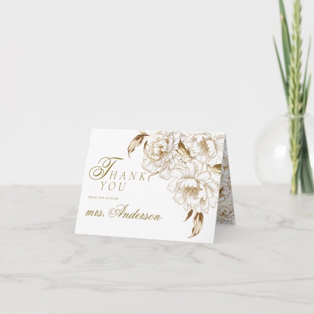 Floral Peonies White Golden Elegant Bridal Shower Thank You Card (Front)