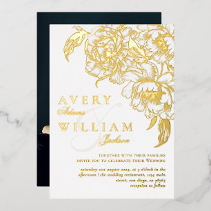 Floral Peonies White Golden Elegant Photo Wedding Foil Invitation