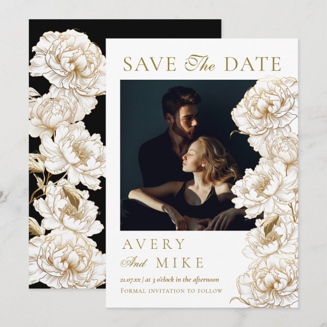 Floral Peonies White Golden Elegant Photo Wedding Save The Date (Front/Back)