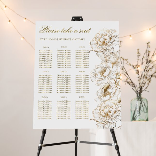 Floral Peonies White Golden Elegant  seating chart Foam Board (In Situ (Stand))