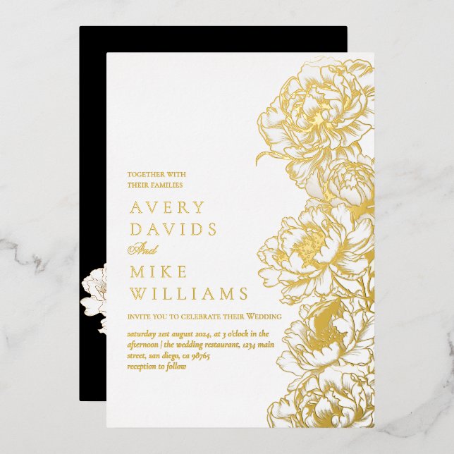 Floral Peonies White Golden Elegant Wedding Foil Invitation (Front/Back)