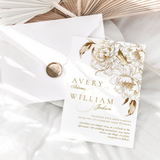 Floral Peonies White Golden Elegant Wedding Invitation