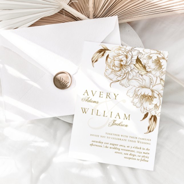Floral Peonies White Golden Elegant Wedding Invitation (Creator Uploaded)
