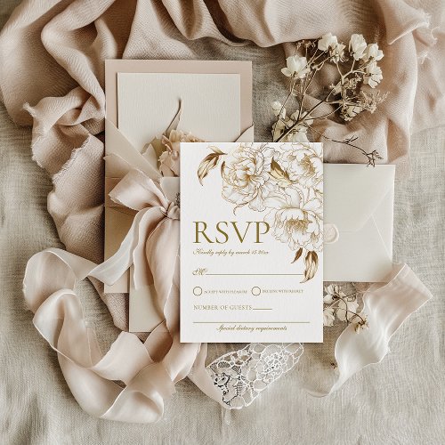 Floral Peonies White Golden Elegant Wedding RSVP Card