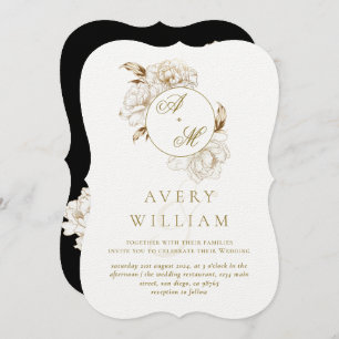 Floral Peonies White Golden Monogram Wedding Invitation