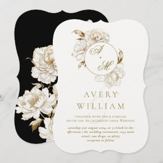 Floral Peonies White Golden Monogram Wedding Invitation