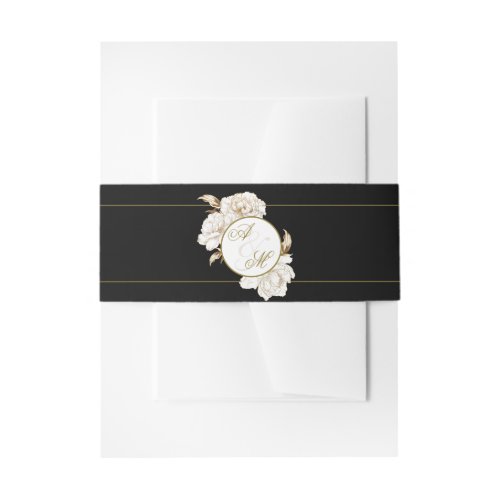 Floral Peonies White Golden Monogram Wedding Invitation Belly Band