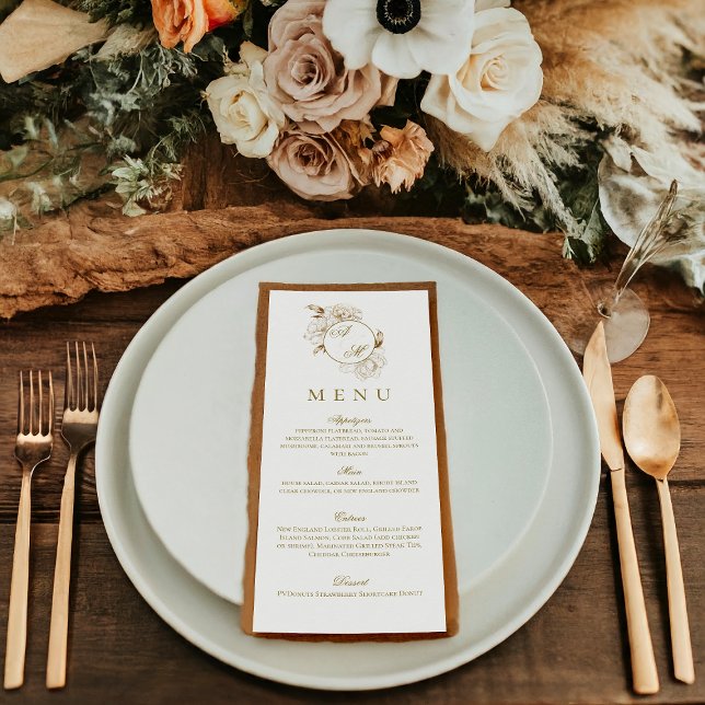 Floral Peonies White Golden Monogram Wedding Menu (Creator Uploaded)