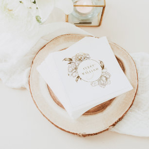 Floral Peonies White Golden Monogram Wedding Napkins