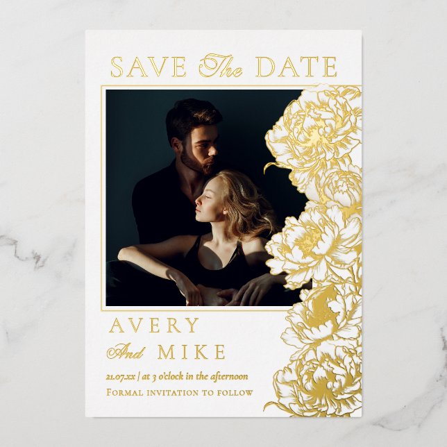 Floral Peonies White Golden Photo Save The Date Foil Invitation (Front)